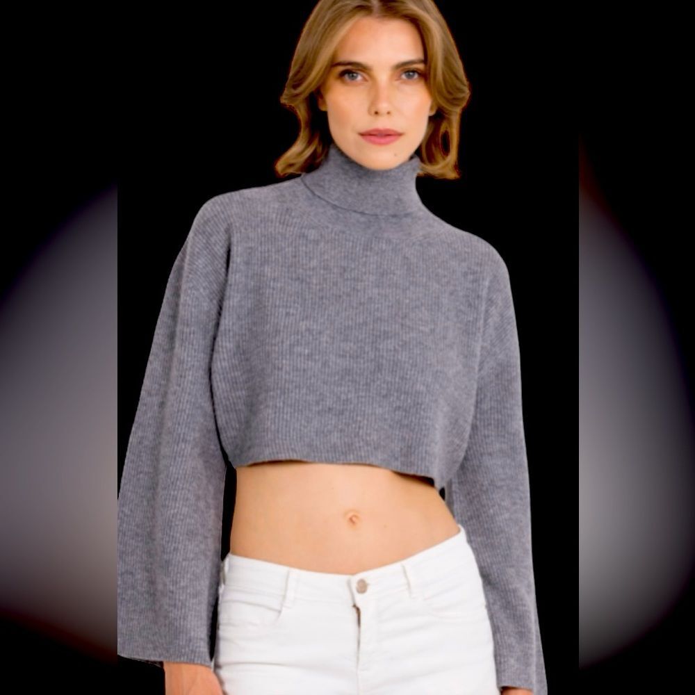Monrow | Gray ribbed mock turtleneck sweater bell sleeves crop top size XS NWT